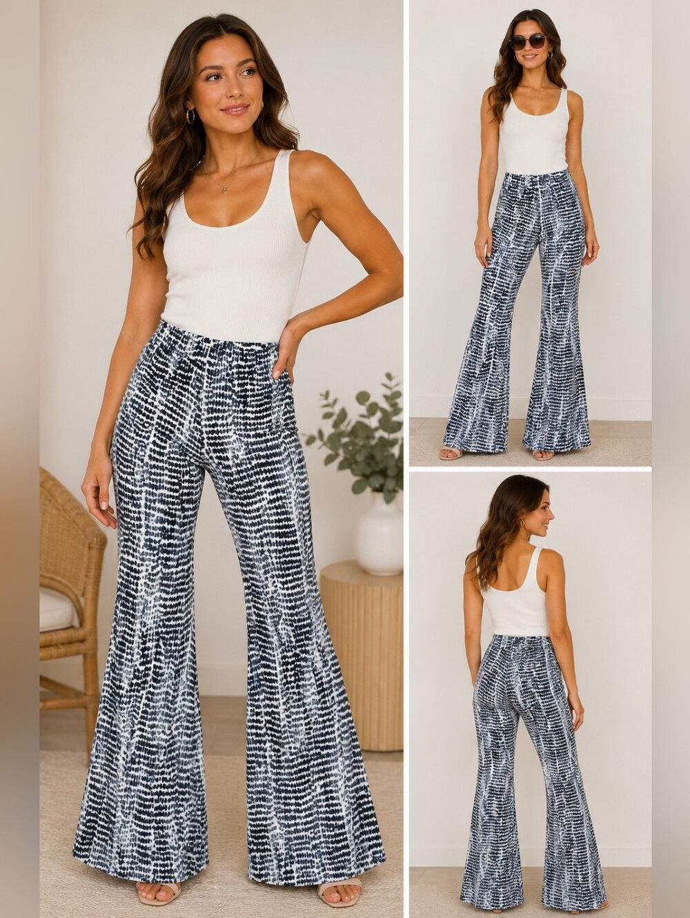Veronica M Blue & White Abstract Print Wide Leg Palazzo Boho Pants Size Medium